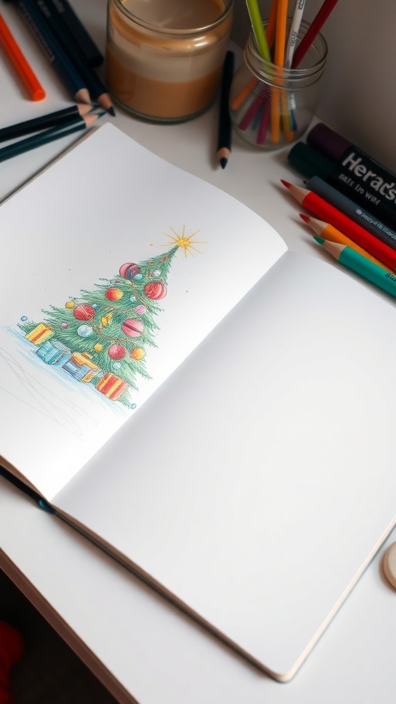 A workspace with a Christmas drawing of a decorated tree, surrounded by art supplies.